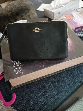 Coach Black Pebbled Leather Double Zip Wristlet with Gold Logo and Zipper